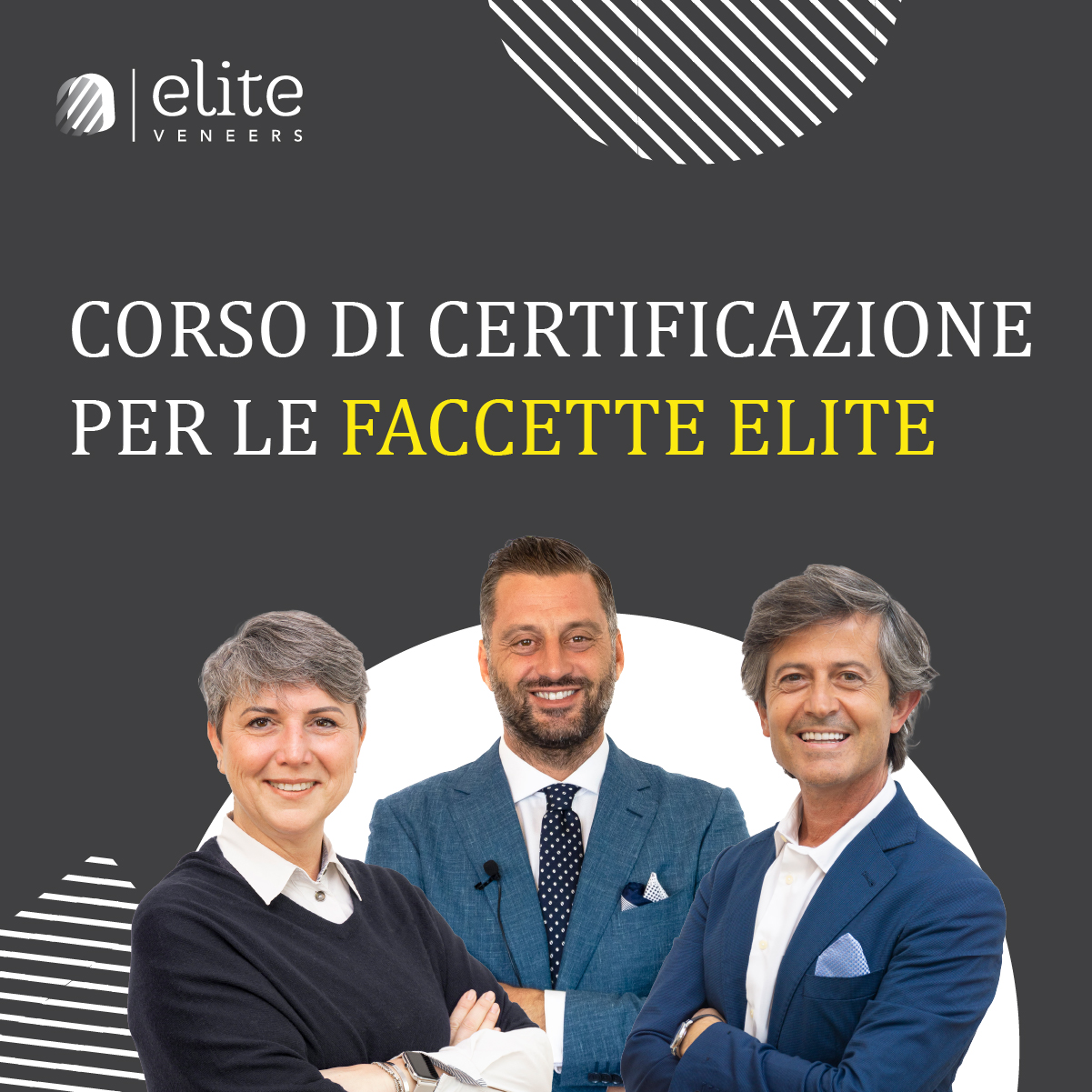 Cover del corso di certificazione Elite Smile. I relatori: da Sinistra Paola Angelici, Maurizio Palmerini e Dr. Stefano Salaris